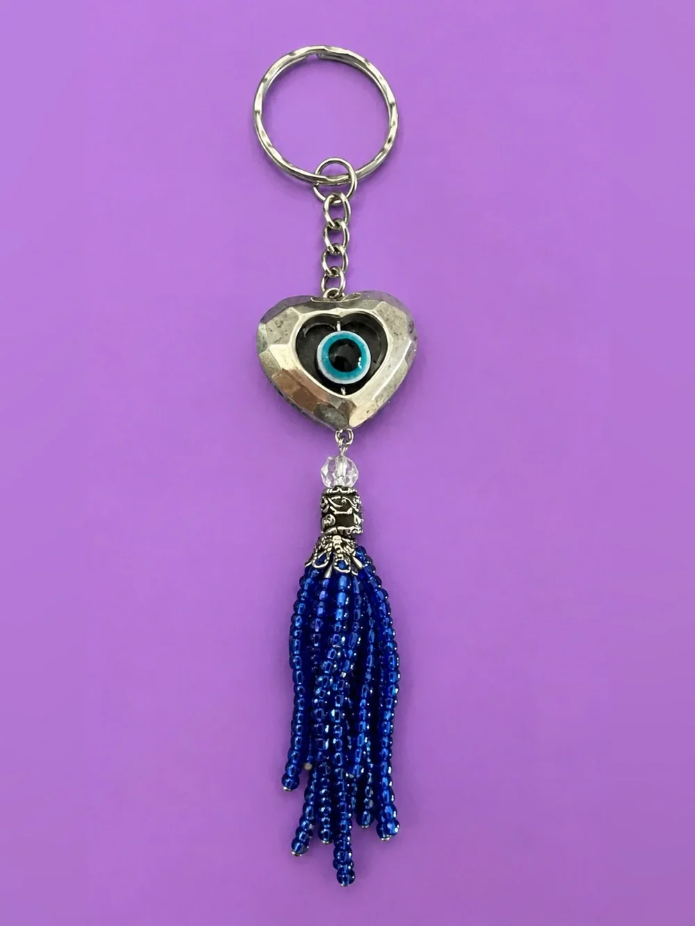 Evil Eye Silver Heart Keychain with Blue Bead Tassel